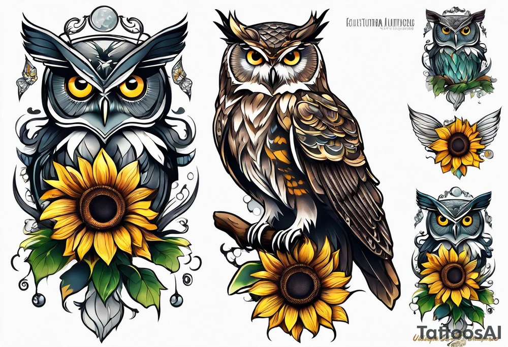 Sleeve with an owl, sunflower and butterfly tattoo idea