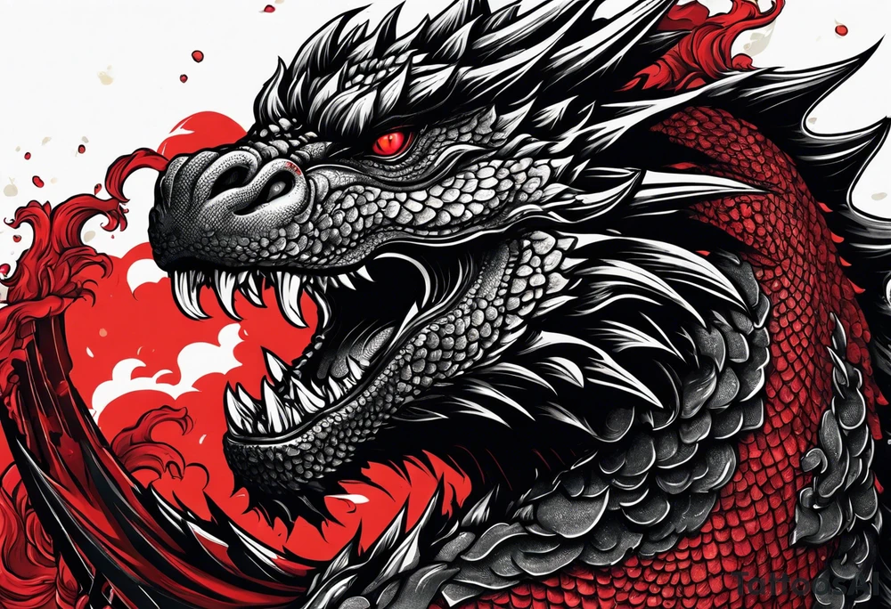 godzilla inspired dragon irezumi arm sleeve in black and red with water and lightning tattoo idea