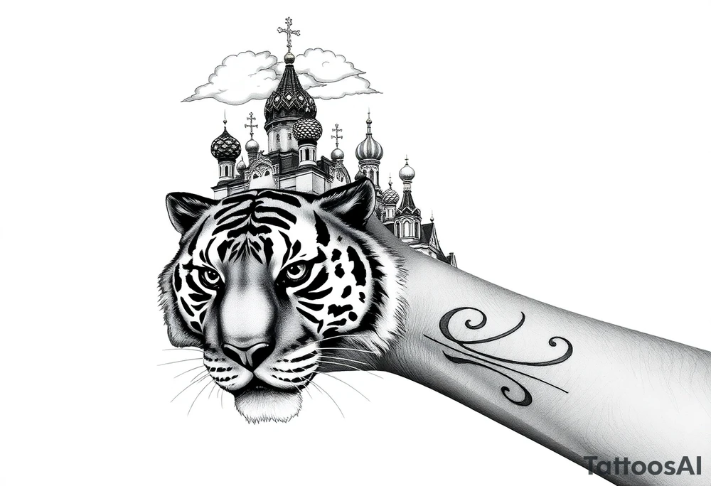 Realistic tiger face on the back of the hand with strong contrast and fine detail with all black eyes. then a highly detailed Russian Orthodox cathedral sitting above on the top fore arm with onion domes and orthodox crosses, done in fine line, engraving-like style. Cohesive composition, black ink only, no color, high contrast, slightly aged, documentary-style, plain light background. with clouds above and a virgin mary tattoo idea