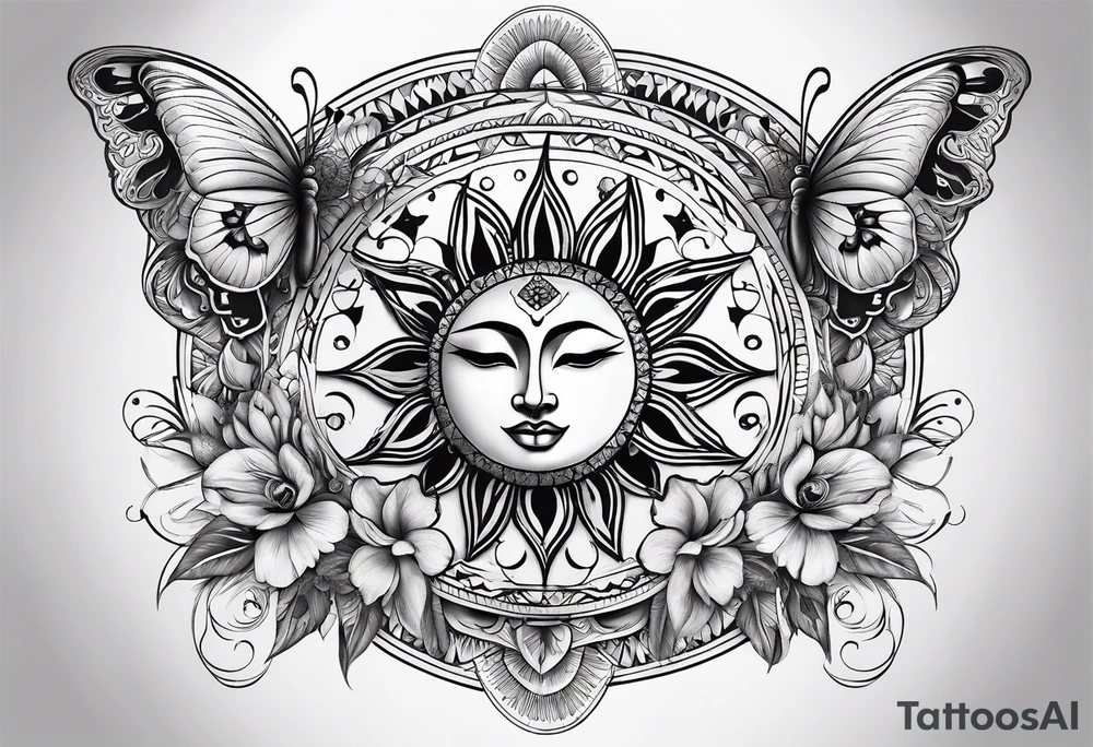 sun and moon tattoo flowing into mandala with butterflies tattoo idea