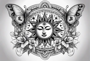 sun and moon tattoo flowing into mandala with butterflies tattoo idea