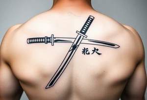Katana with a black belt and fabled written in korean tattoo idea
