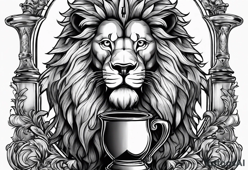 Classic heraldry lion holding a sword and a science beaker tattoo idea