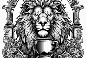 Classic heraldry lion holding a sword and a science beaker tattoo idea