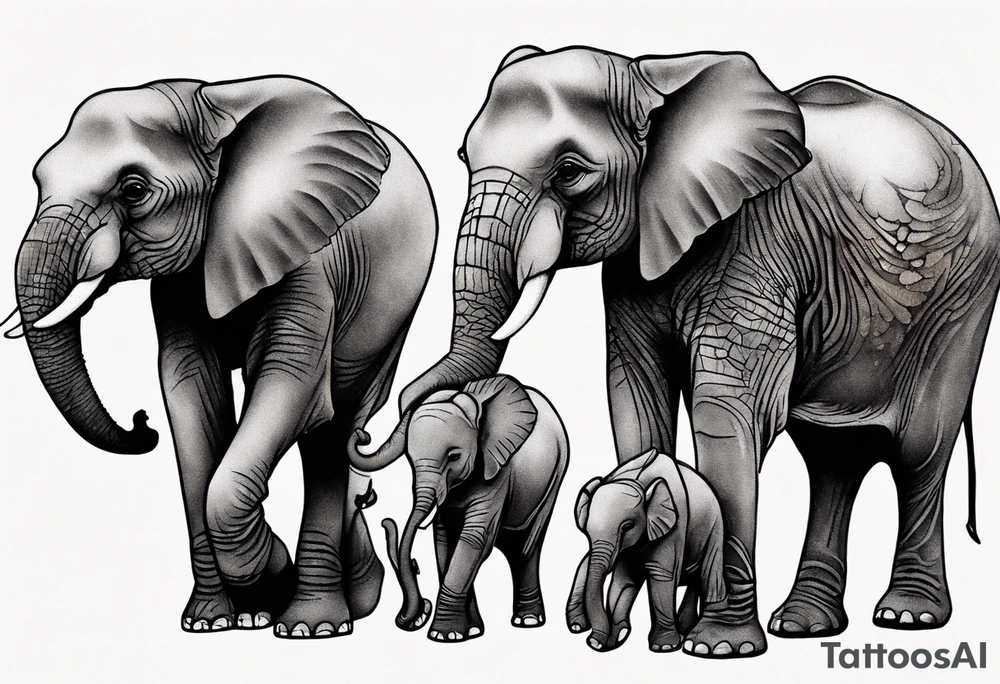 family of 6 elephants walking into sunset tattoo idea