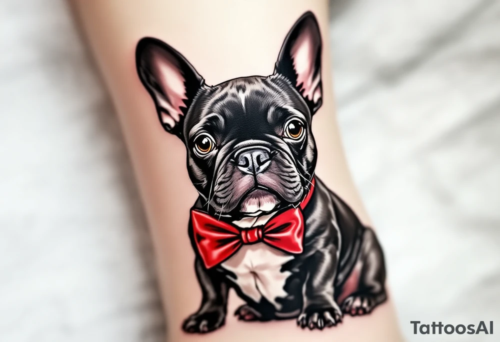 French Bulldog wearing a bowtie, sitting upright with alert ears, black fur with chest patch in white, and red bowtie for contrast. tattoo idea