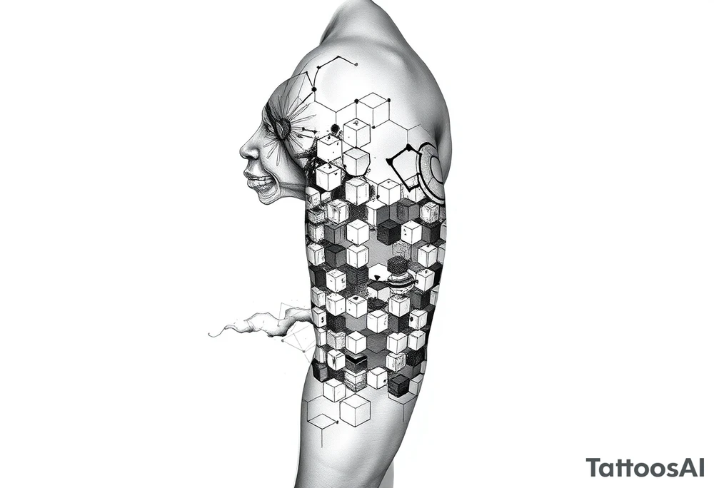 design a full “sleeve” tattoo that consists of a base layer of abstract hexagon pattern overlaid with a little blackwork abstract while incorporating the top tattoo and integrating slight biomech designs tattoo idea