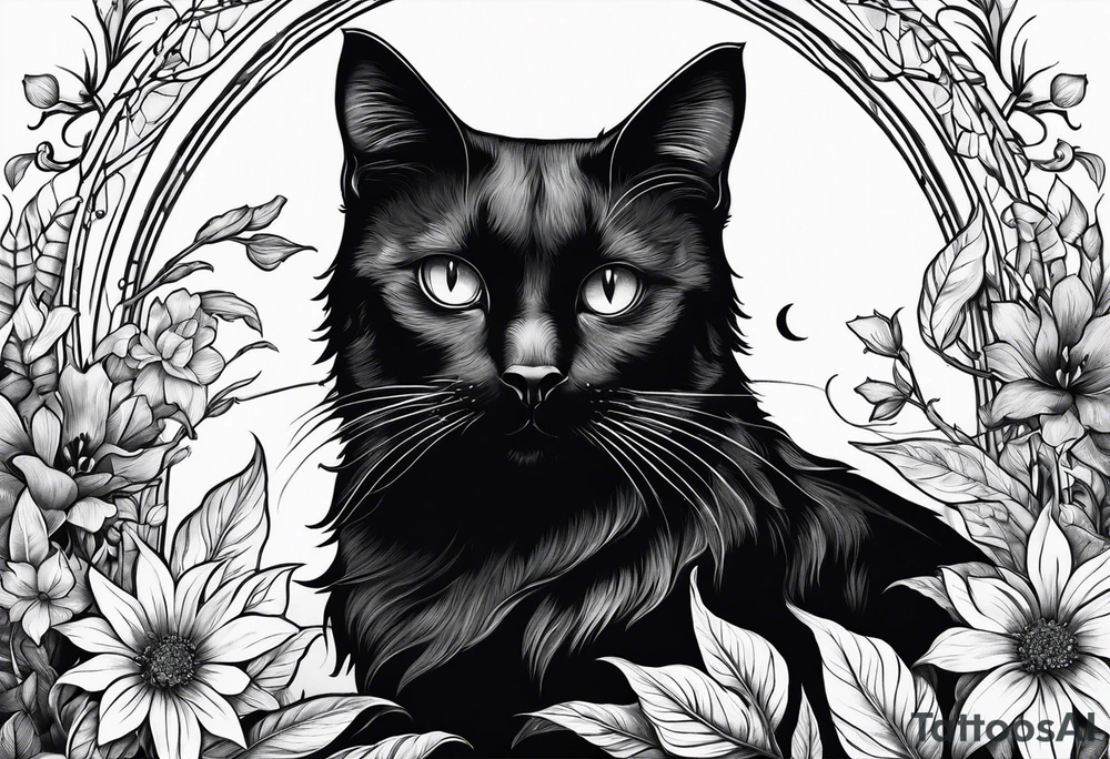 Ethereal witchy garden black cat tattoo idea