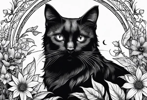 Ethereal witchy garden black cat tattoo idea