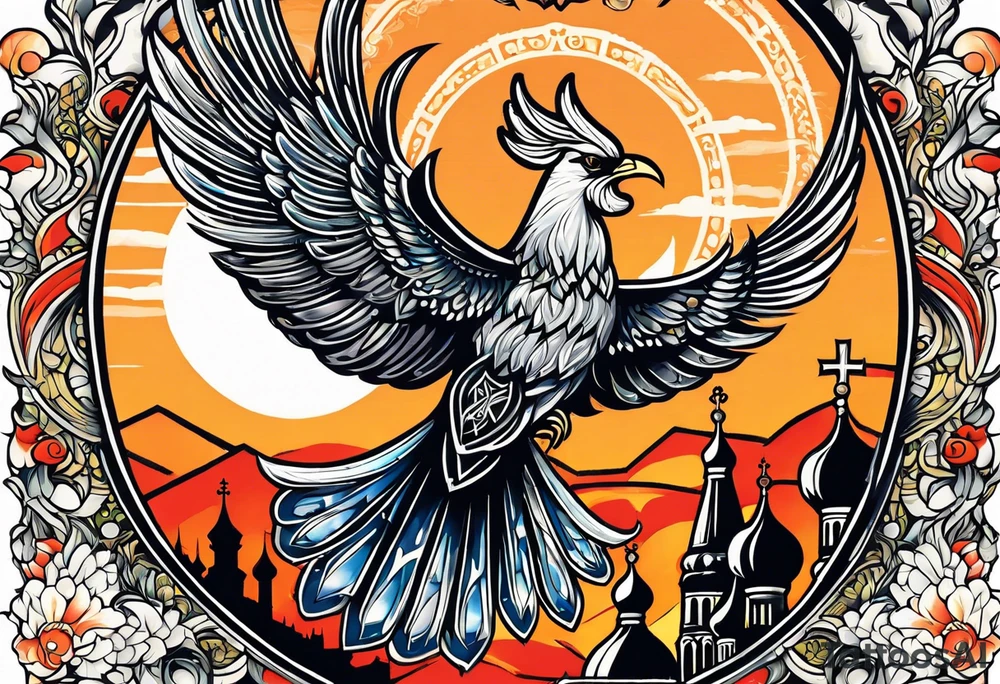 russian firebird in-flight with fancy tail and small onion cap monastery towers in background, with "Isaiah 43: 18-19" tattoo idea