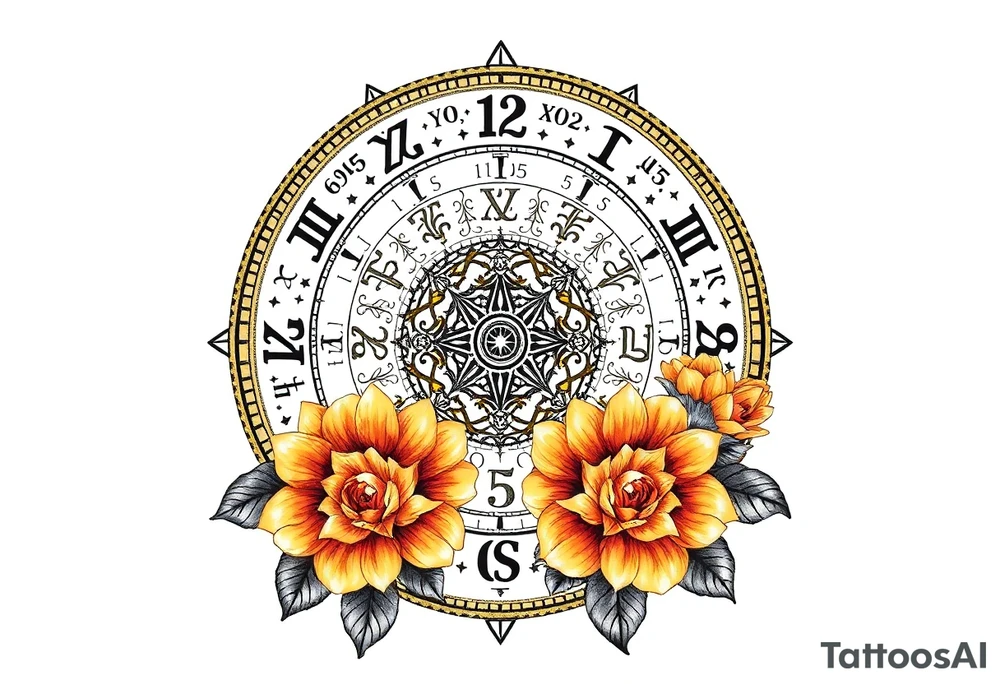 zodiac symbols and Norse runes within ornate clockwork mechanism with roses lilly sunflowers tattoo idea