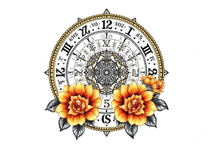 zodiac symbols and Norse runes within ornate clockwork mechanism with roses lilly sunflowers tattoo idea