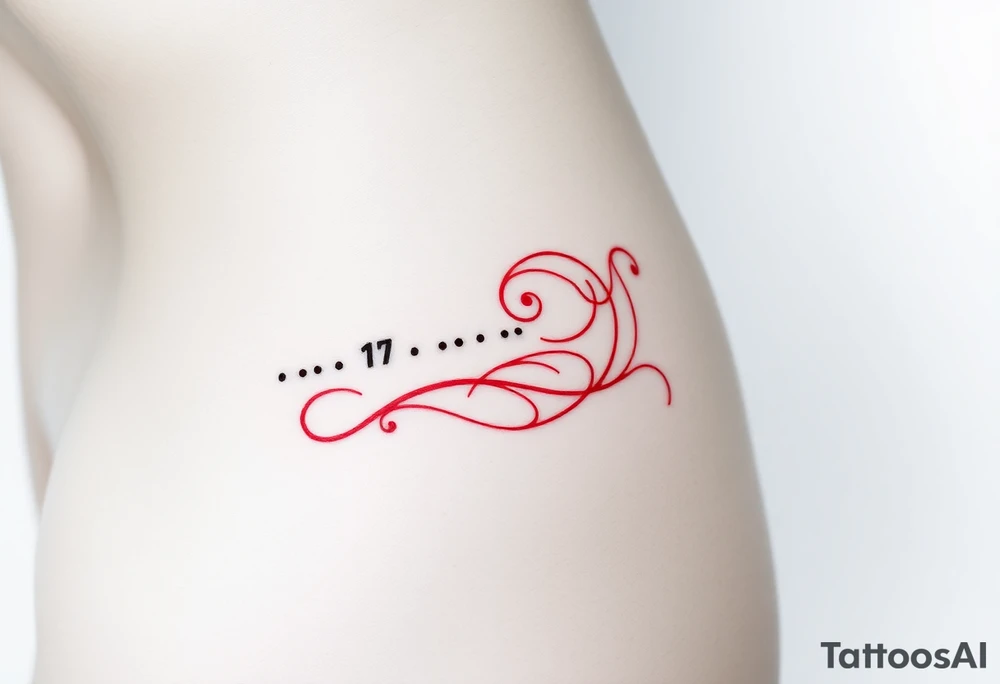 the text, “-... .-. .- . .- .-.. ....... -.. .- .-- --- --- -.. .......” in the shape of a swirl in red ink on female hip bone on the right side tattoo idea