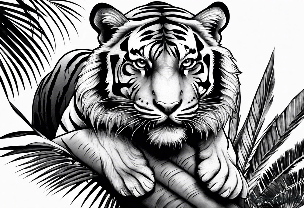 tiger laying on palm tree tattoo idea