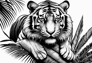 tiger laying on palm tree tattoo idea