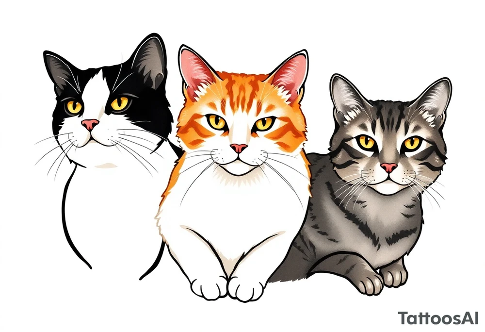 three cats, one black and white cat, one orange and white cat and one grey tabby cat tattoo idea