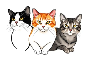 three cats, one black and white cat, one orange and white cat and one grey tabby cat tattoo idea