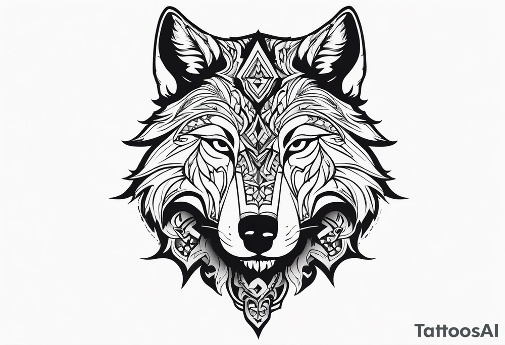 a head of savage wolf with a sword in its mouth facing left tattoo idea