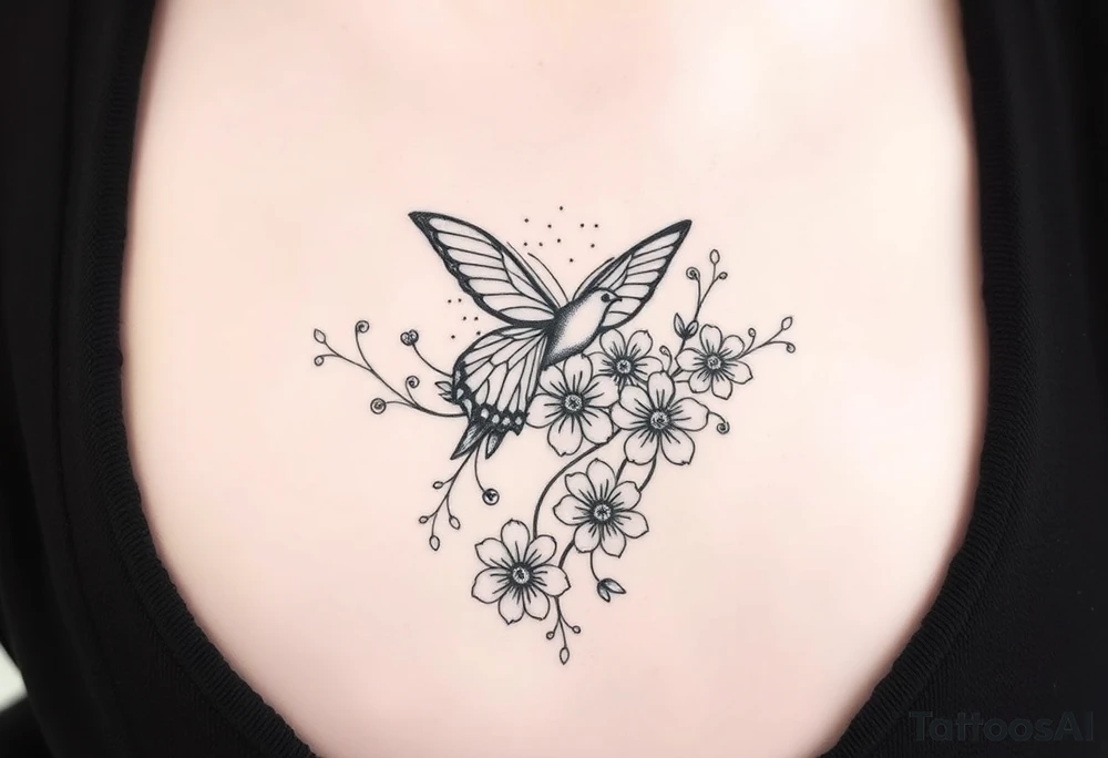 Je veux un tatouage underboobs délicat et ornemental. Il doit représenter ma renaissance après une dépression post-partum, avec des éléments à la fois féminins, naturels et profondément symboliques. Le coquelicot est central pour moi, entouré d’un papillon, de fleurs de cerisier et de feuillages fins. L’ensemble doit exprimer ma force douce, ma fragilité assumée, et ma métamorphose personnelle. tattoo idea