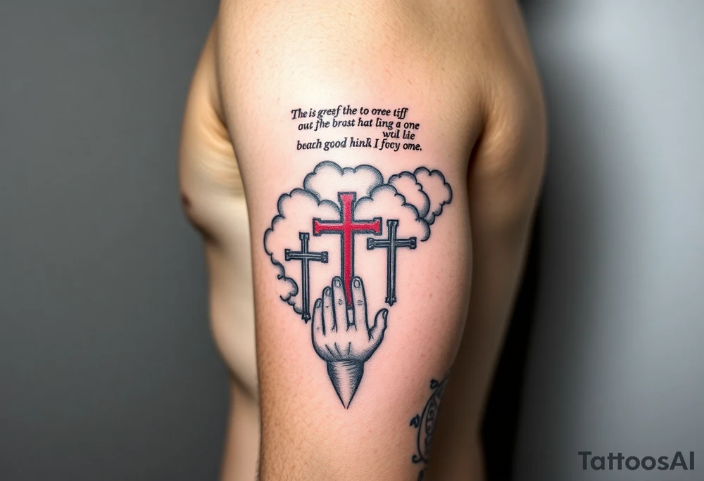 Red and black ink  tattoo on left inner arm with bible verse background clouds and 3 crosses one red in the middle of wrist  under a chosen wrist tattoo before the hand/palm 

On left arm tattoo idea
