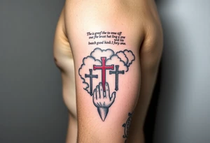 Red and black ink  tattoo on left inner arm with bible verse background clouds and 3 crosses one red in the middle of wrist  under a chosen wrist tattoo before the hand/palm 

On left arm tattoo idea