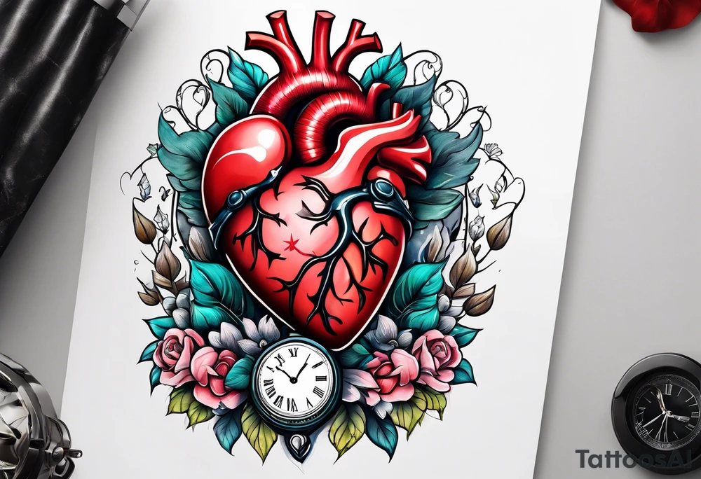Anatomical heart with clock tattoo idea