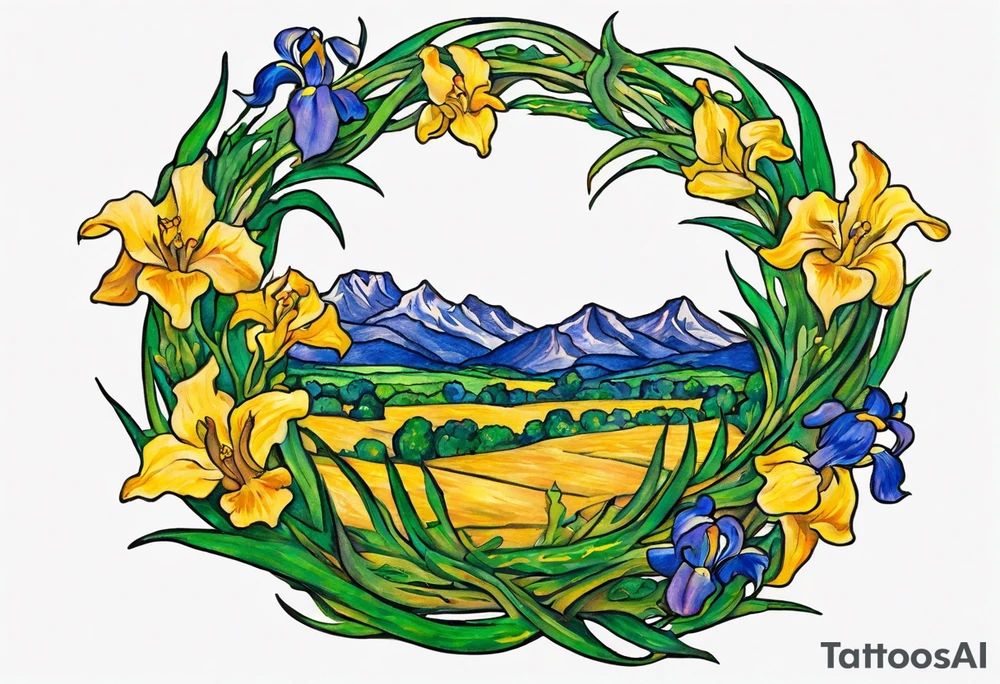 Create a small colorful Vincent van Gogh Irises tattoo in the form of a crescent, with vines or Celtic knots gracefully intertwining at a central point in the middle of the wreath.  In the middle of the wreath are mountains and other items found in New Mexico. Ensure that the design avoids the appearance of a bush and maintains a more structured and deliberate arrangement. The intended placement is on the upper chest. The overall design should be small in size while maintaining a delicate and artistic aesthetic. Pay attention to the graceful flow of the vines and the placement of the irises to achieve a refined and elegant look. tattoo idea