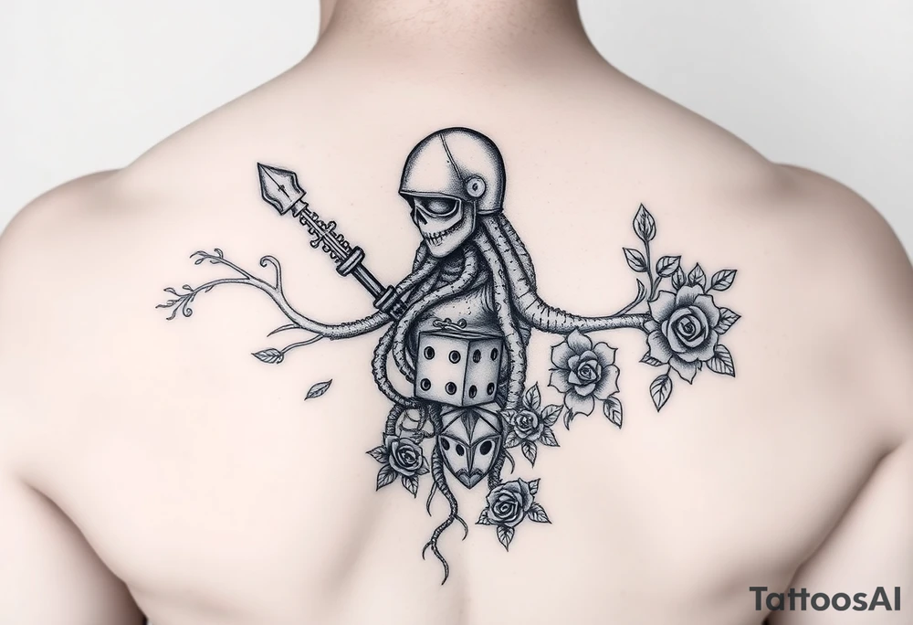 knight and squid combined with tree roots and roses rolling dice tattoo idea