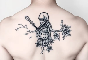knight and squid combined with tree roots and roses rolling dice tattoo idea