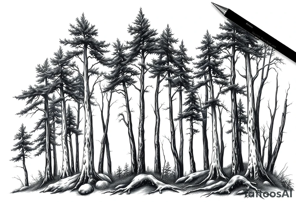 Needle forest with black and gray trees tattoo idea