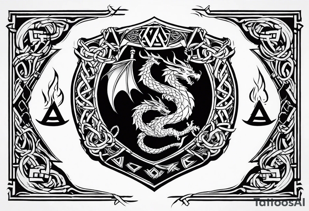 Valhalla sword shield dragon axe Valknut barbed wire chains fire tattoo idea Valhalla sword shield dragon axe Valknut barbed wire chains fire tattoo idea