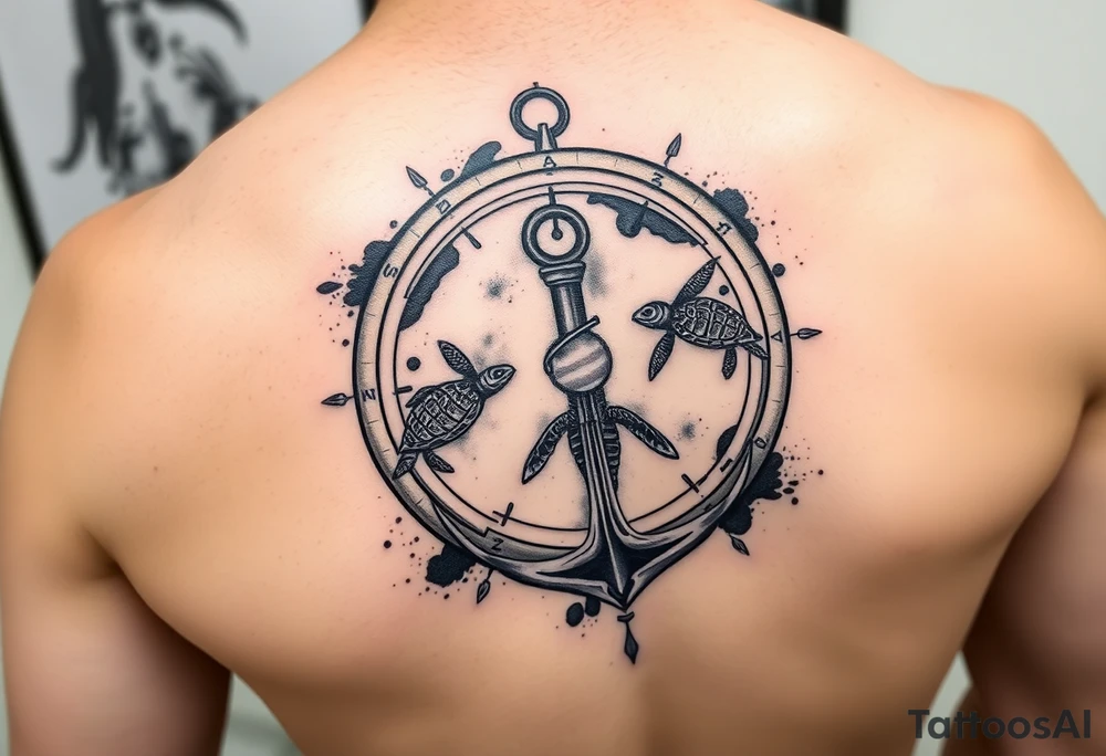 Broken compass with an anchor at the bottom
5 sea turtles swimming through it
Watercolor background tattoo idea