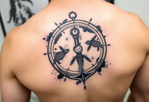 Broken compass with an anchor at the bottom
5 sea turtles swimming through it
Watercolor background tattoo idea