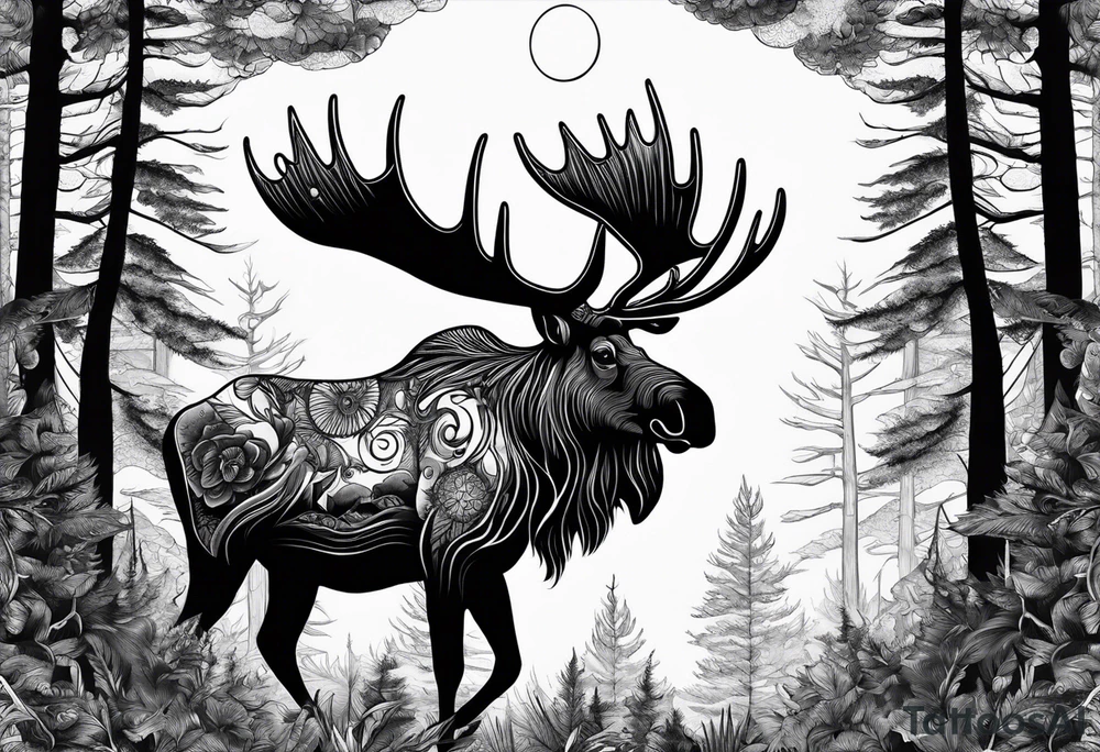 a psychedelic moose in the forest with a full moon tattoo idea