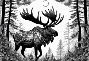 a psychedelic moose in the forest with a full moon tattoo idea