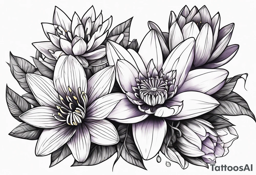 flower bouquet of violet, water lilly, and narcissus tattoo idea