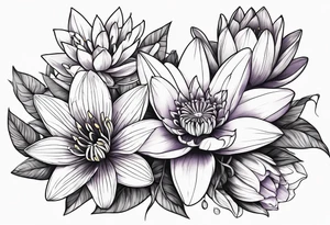 flower bouquet of violet, water lilly, and narcissus tattoo idea