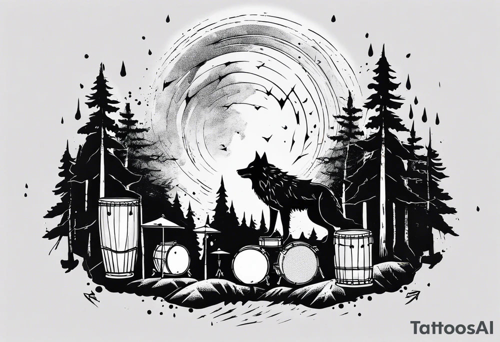 thunderstorm over a forest with a wolf howling on drums tattoo idea thunderstorm over a forest with a wolf howling on drums tattoo idea