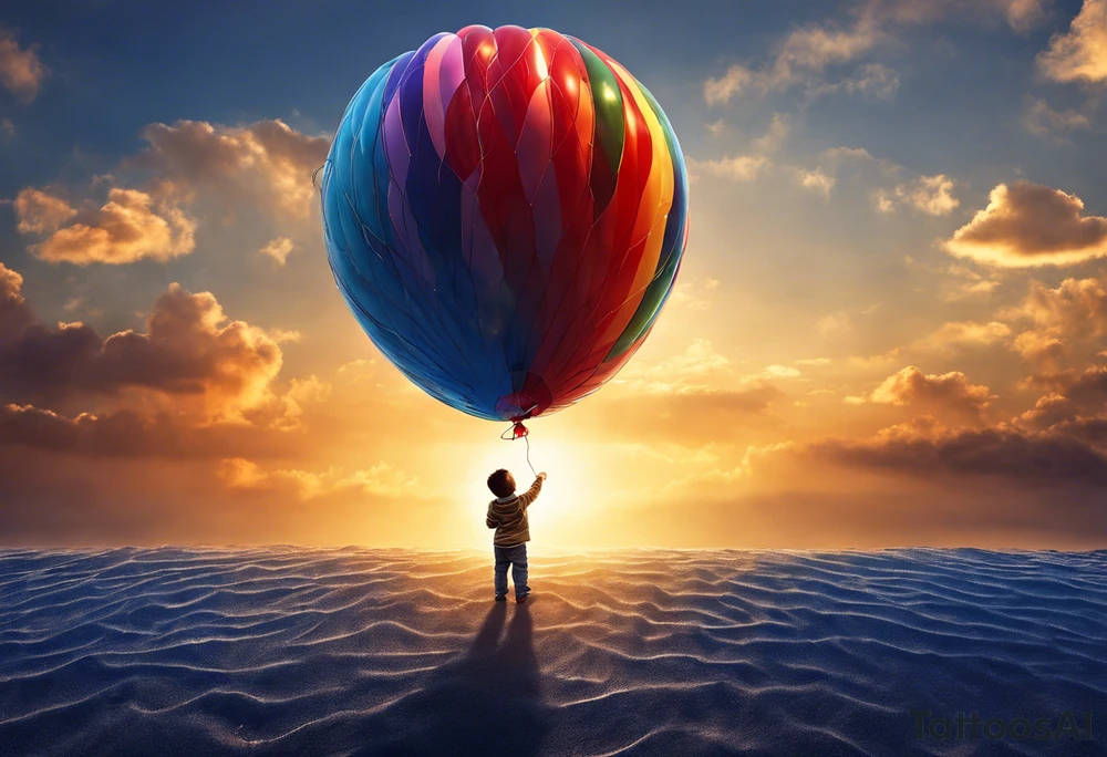 little boy holding a string to the earth shaped baloon.
boy should be drawed from behinfd anhas one hand reaching up in 45 degree angle and holding the baloon string
the string has a big wave in like a hearbeat pulse on it.
baloon is in the shape of the eharth and red toned. tattoo idea