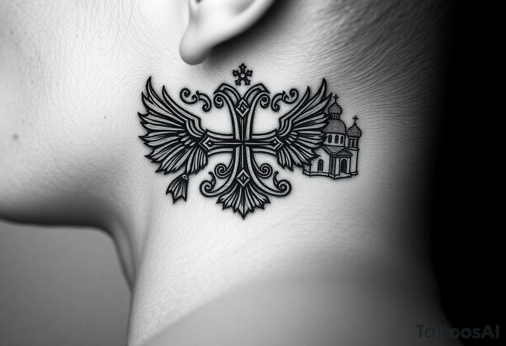 russian coat arms in a russian christian orthodox cross with the cross in the middle with a virgin mary & orthodox dome church on the side of the neck tattoo idea