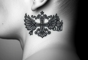 russian coat arms in a russian christian orthodox cross with the cross in the middle with a virgin mary & orthodox dome church on the side of the neck tattoo idea