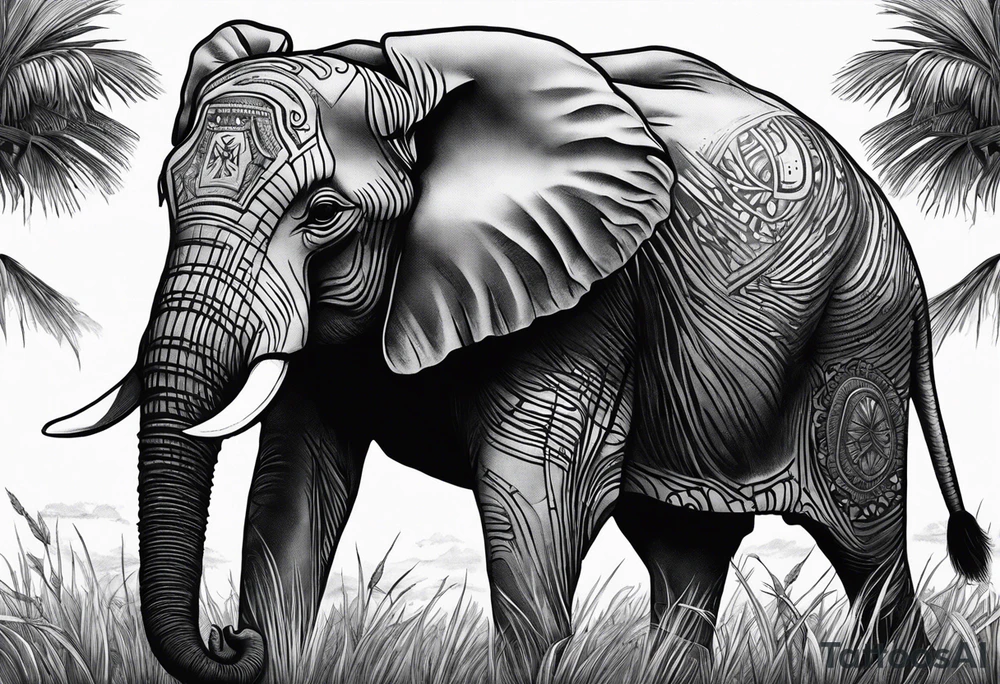 A very detailed elephant facing forward with a boy holding onto the trunk facing forward. In the background there will be tall grass like in africa tattoo idea