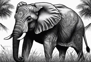 A very detailed elephant facing forward with a boy holding onto the trunk facing forward. In the background there will be tall grass like in africa tattoo idea