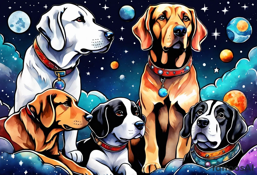 A person and 3 dogs looking up at space tattoo idea