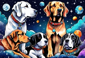 A person and 3 dogs looking up at space tattoo idea