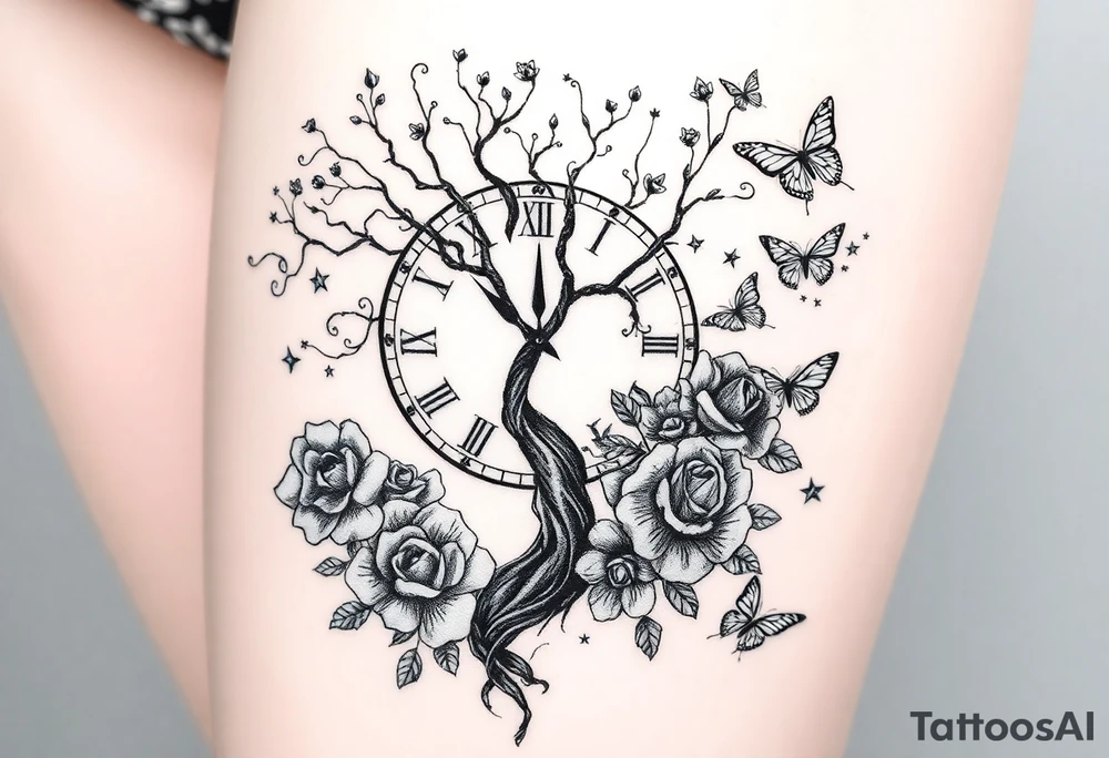 a big clock, big poisoned tree, big and small roses, big and small butterflies tattoo idea
