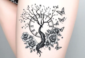 a big clock, big poisoned tree, big and small roses, big and small butterflies tattoo idea