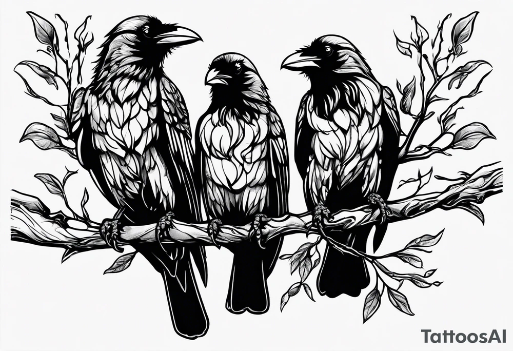 The words Why so serious? With 3 small ravens on a branch tattoo idea