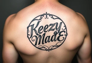 Nothing but lettersfancy but rugged twisted and intertwined circular arched curvy lettering in a circular  that would be clothing brand style that says (KeezY MadE) tattoo idea