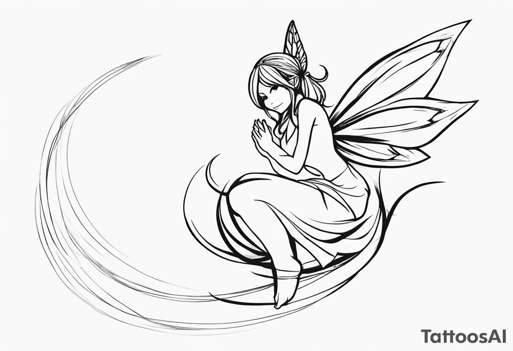 No color sideways sketch of a fairy with a tail inspired by the guild symbol in the anime show called Fairy Tail in a fetal position leaning forward while crawled in with hands a bit forward and her body is an angle while floating in the air with big wings tattoo idea